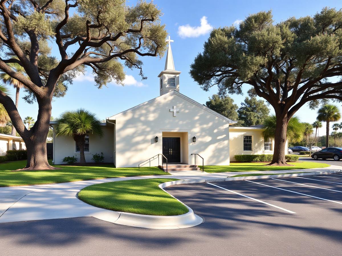 Modest suburban community facility with mowed lawn and sidewalk approach