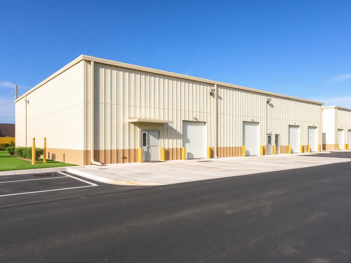 Small flex light industrial building with roll-up doors and striped parking