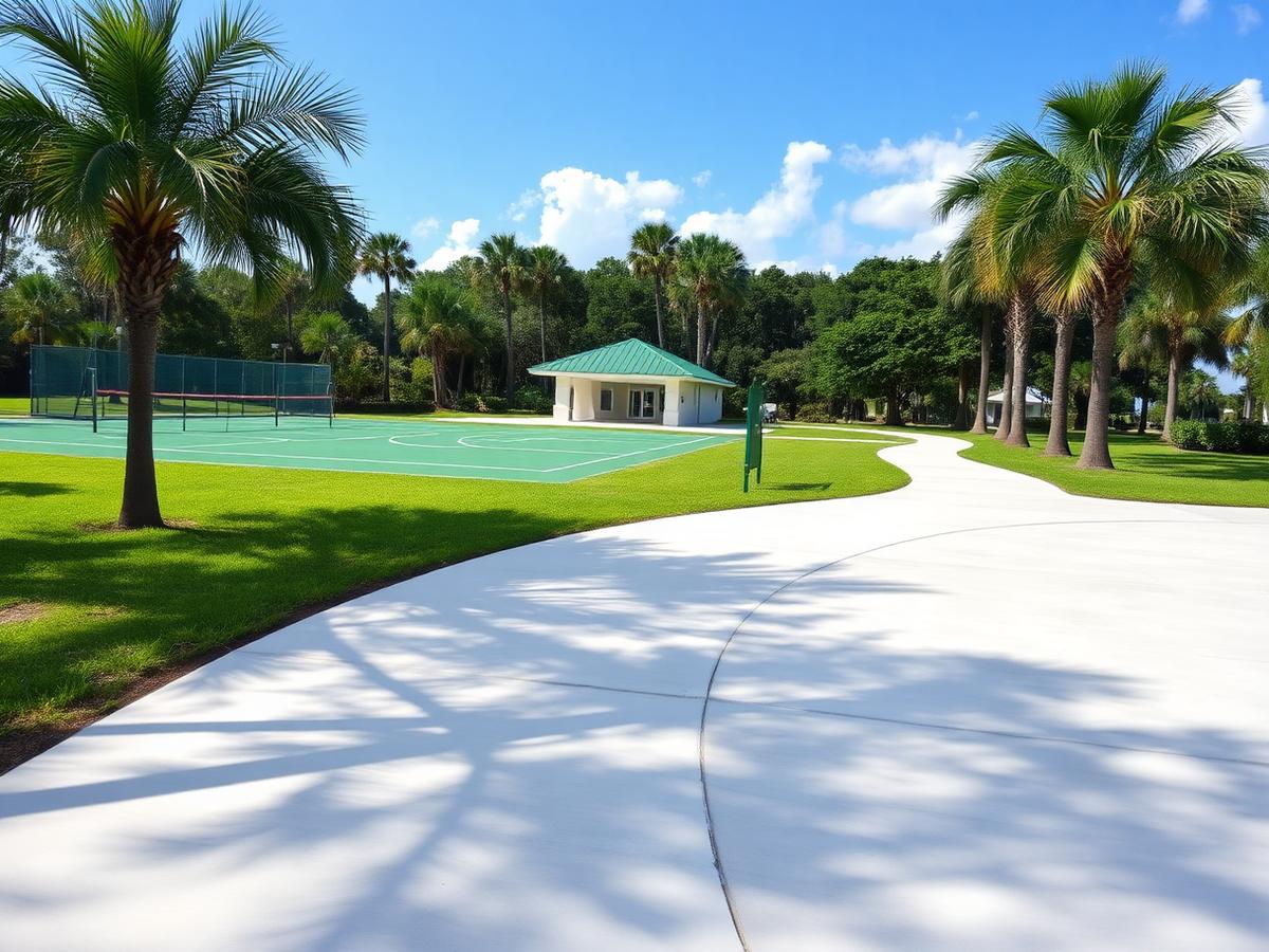 Public park walkway and courts at a municipal facility