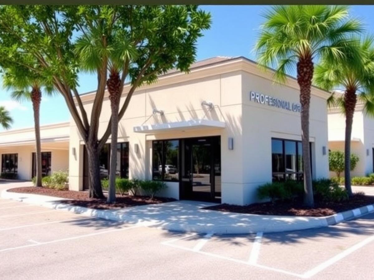 Small suburban professional office building with tidy landscaping