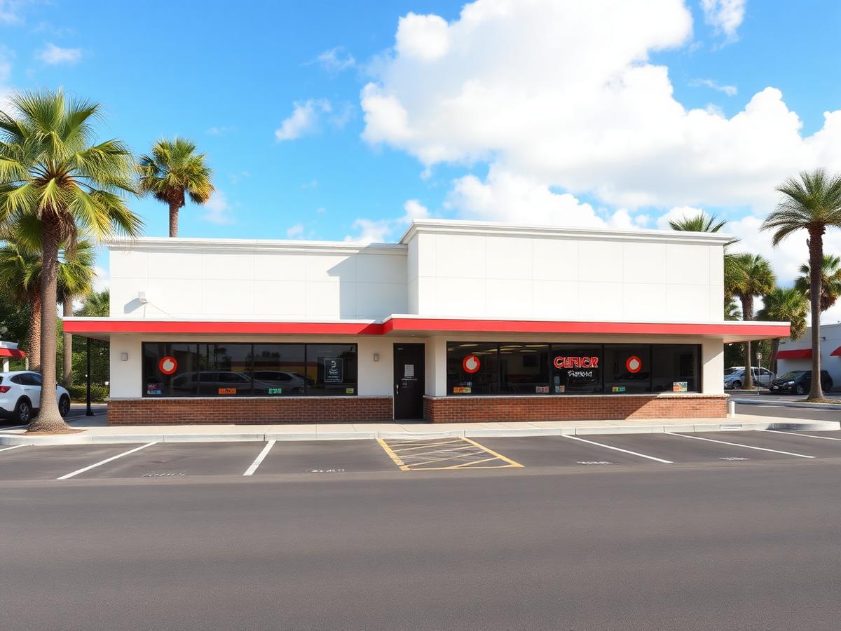 Freestanding quick service restaurant with drive-thru and clean parking lot