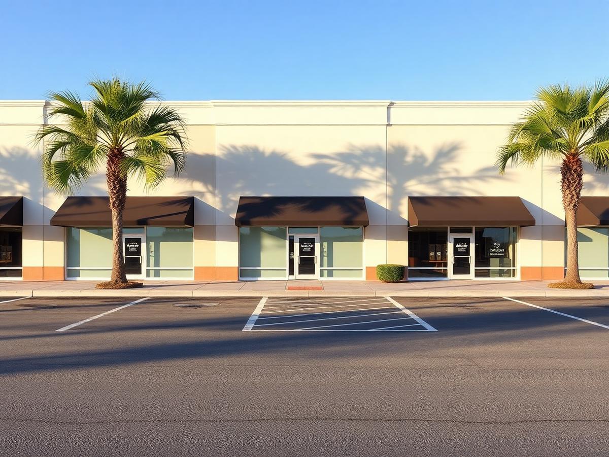 Suburban Florida neighborhood retail strip center with striped parking lot