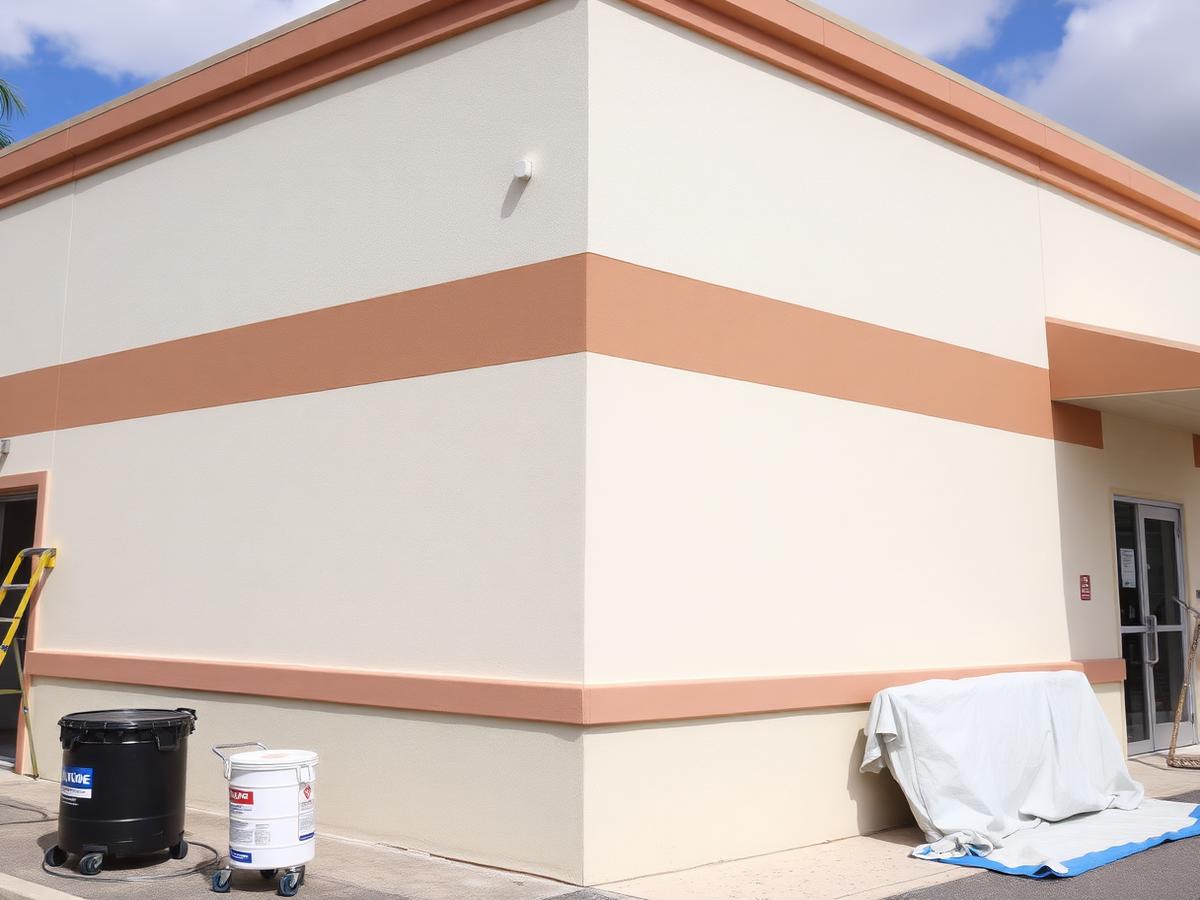 Freshly painted two-tone stucco exterior wall of a commercial building