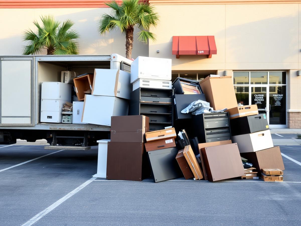 Bulk furniture and debris staged beside a box truck in a commercial parking lot