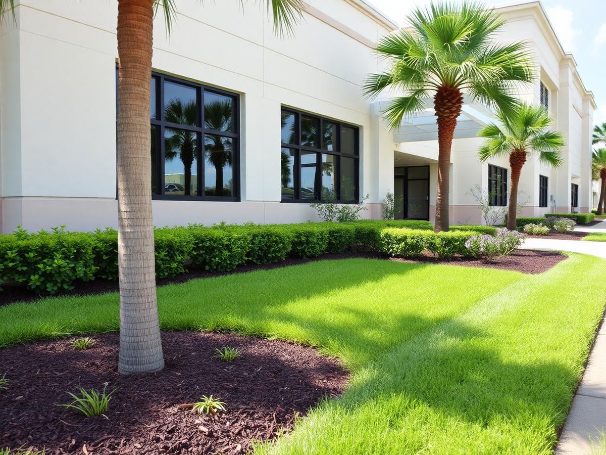 Mowed grass, fresh mulch beds and trimmed shrubs at a commercial building