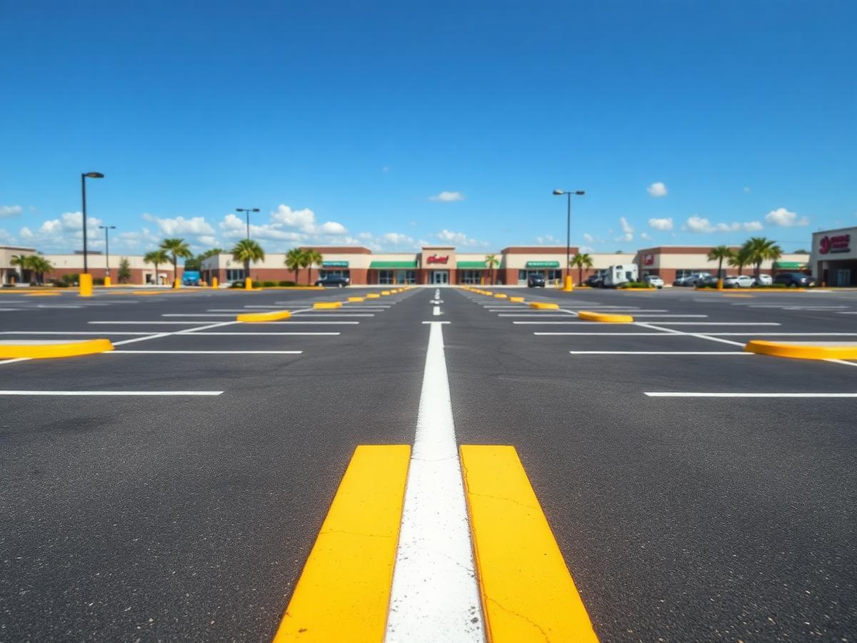 Fresh white parking stall striping and yellow curb markings